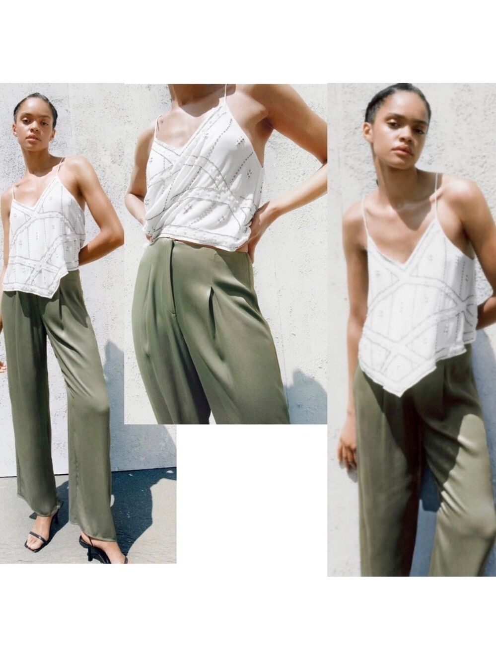 ZARA khaki green full length high waisted pleated wide leg satin effect pants M